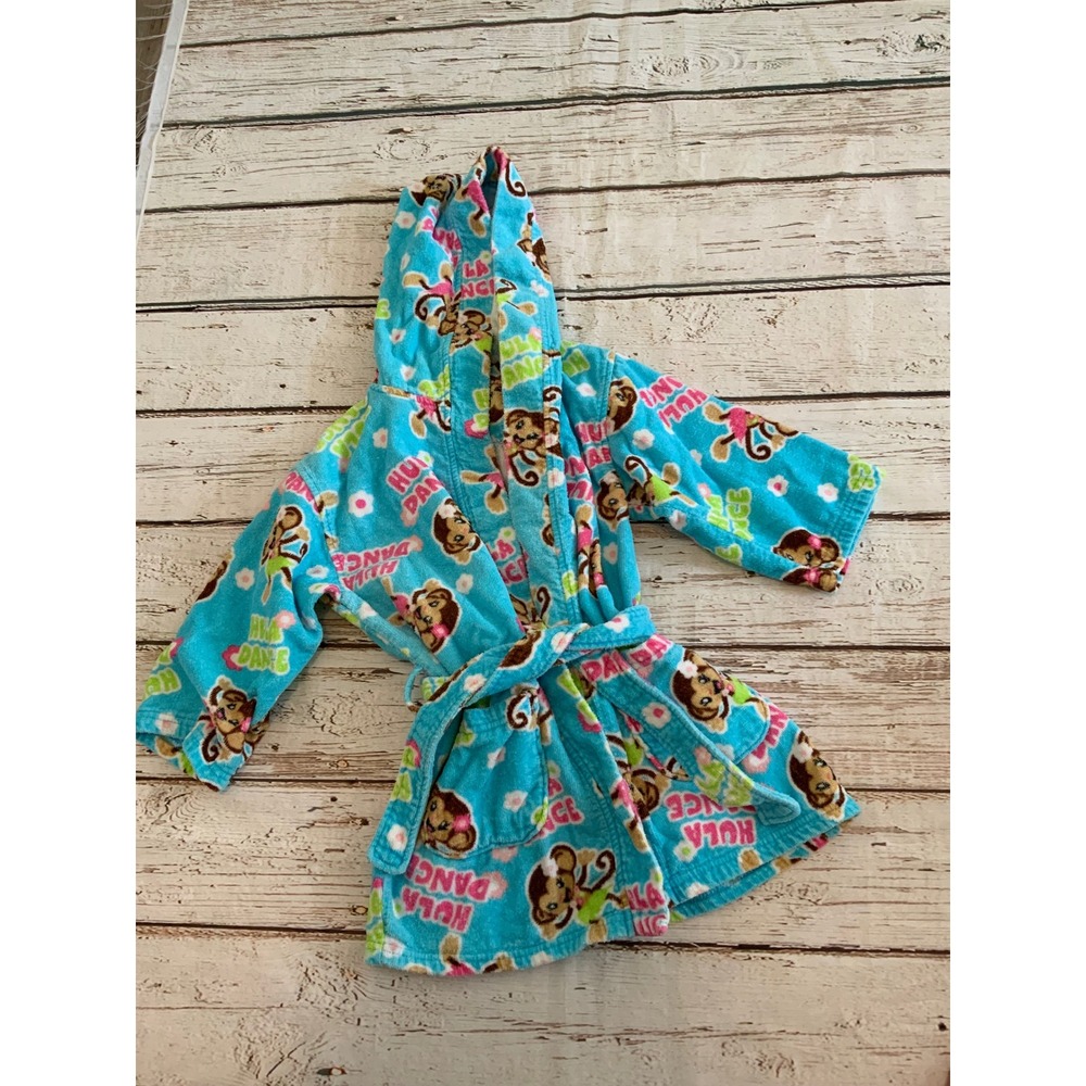 Sleeve Swim Girls Hula Monkey Hooded Bath Robe Blue Terry Cloth Size S 5/6